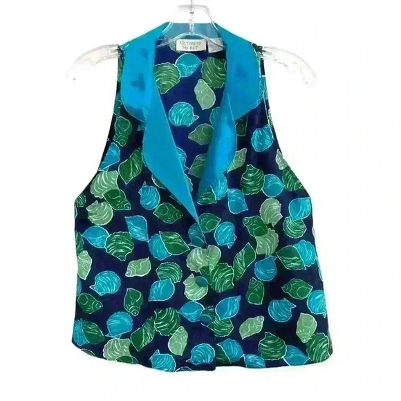 Victoria's Secret Vintage Sz S Shell Print Pajama Top Blouse Blue Gold Label Fun - Picture 3 of 13